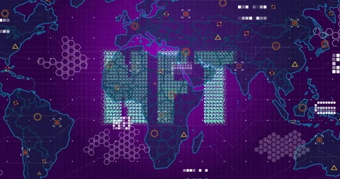 Digital world map with data processing elements and NFT text in animation Stock Footage 306171161