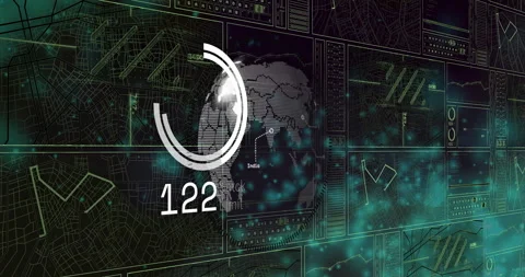 Digital world map with data processing animation and numeric countdown Stock Footage 306202487
