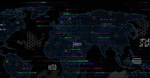 Digital world map display streaming flows in control console, with hex grid,  Stock Photos