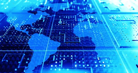 Digital world map displayed on advanced electronic circuit board. Stock Footage 321551066
