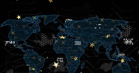 Digital world map displaying connections in cyber interface, with gold star Stock Photos