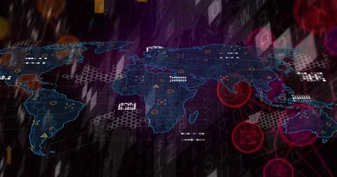 Digital world map displaying global network connections and data flow patterns Stock Photos