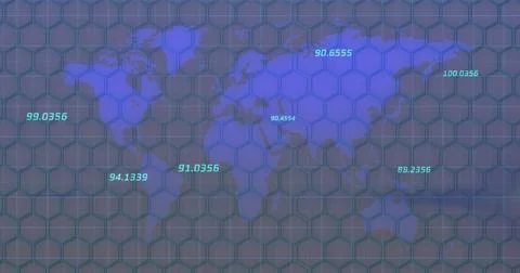 Digital world map displaying numerical data points on hexagonal grid background Stock Photos