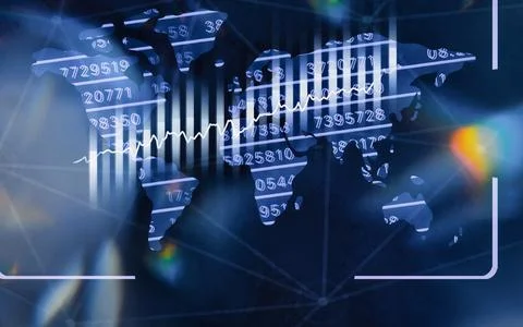 Digital world map with financial data and statistics overlay for global bus.. Stock Photos