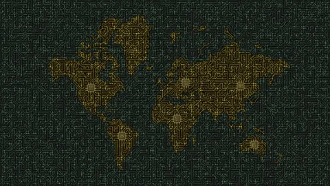 Digital world map formed by glowing circuit board traces and microchips Stock Footage 341854731