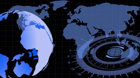 Digital world map with a futuristic interface element representing global t.. 스톡 일러스트