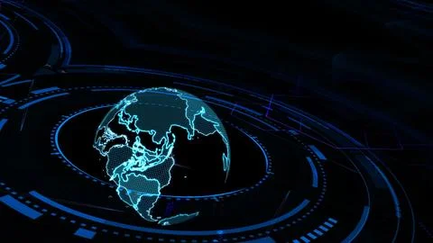 Digital World Map with Futuristic Technology Elements and Data Illustrazione stock