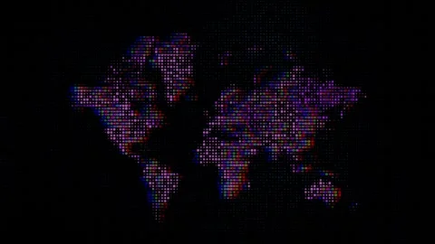 Digital world map glitch animation, glowing red blue dots on dark background Видео 333465312