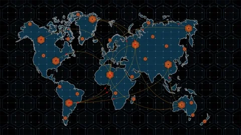 Digital World Map Global Network with Orange Hexagon Markers on Hex Grid 動画素材 338433632