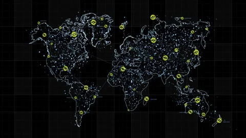 Digital World Map Global Network Connection with HUD Yellow Circular Markers 動画素材 338433665