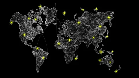 Digital World Map Global Network Connection with HUD Yellow Tracking Points Video stock 338433672