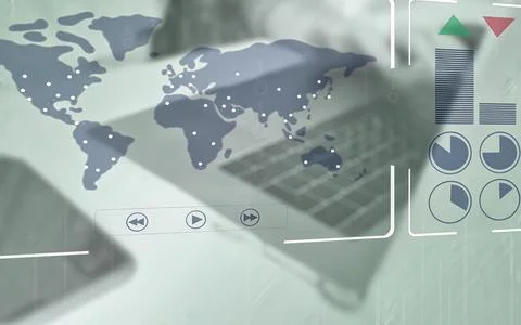 Digital world map with global network connections and business charts on la.. Stock Photos