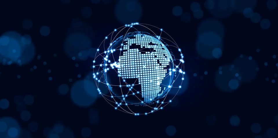 Digital world map globe with glowing network connections, representing glob.. Illustrazione stock