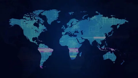 Digital world map with glowing blue data network technology background Stock Footage 346077531