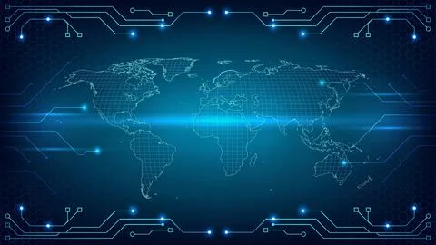 Digital world map with glowing blue network lines and futuristic technology.. Stockillustratie