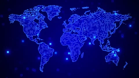 Digital World Map with Glowing Data Points and Pixel Grid Stock Footage 333497318