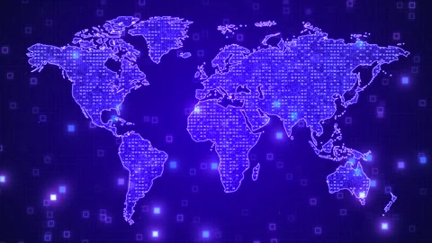 Digital World Map with Glowing Data Points and Pixel Grid, Global Data Stock Footage 333497462