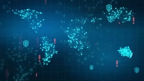 Digital World Map with Glowing Data Points and Security Alert Icons on Dark Stock Footage 341834419
