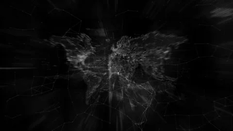 Digital World Map with Glowing Lines and Network Grids on a Black Background Video stock 341922103