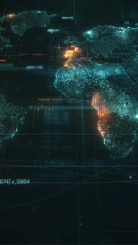 Digital world map with glowing pixels and data analysis Stock Footage 321302512