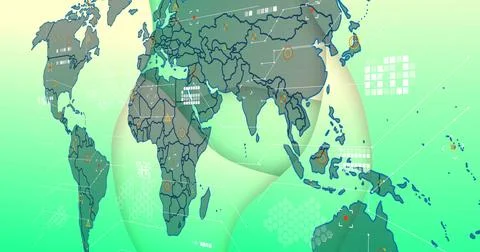 Digital world map graphic displaying hex grid, data nodes and ribbon overlays in Stock Photos