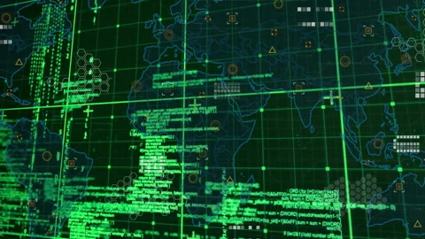 Digital world map with green coding and data processing overlay animation Stock Footage 303564517