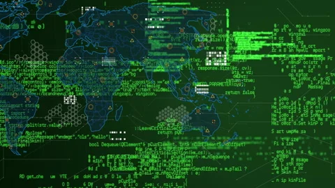 Digital world map with green coding and data processing animation overlay Stock Footage 305073698