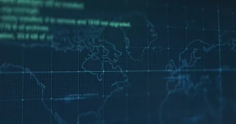Digital world map with a grid overlay and lines of code Stock Footage 321758811