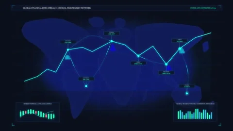 Digital world map hud loop with stock chart, blue finance animation Stock Footage 346547079