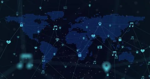 Digital world map with icons connecting global communication and technology 스톡 일러스트