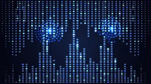 Digital world map made of glowing blue light dots on a dark background Stock Illustration