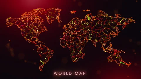 Digital World Map Motion Reveal With Abstract Red And Orange Plexus Network.. Stock Footage 329866401