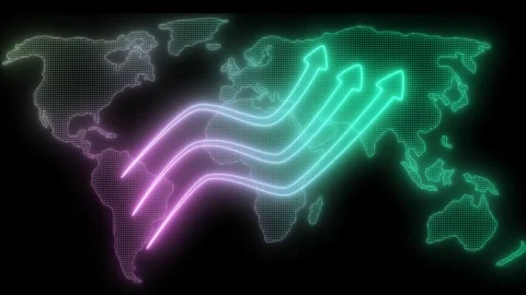 Digital world map with neon arrows, Neon Light Business Arrow Graph Bar Cha.. Stock Footage 318108758