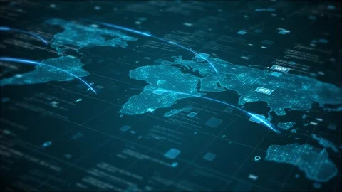 Digital world map network background glowing continents, data arcs, code panels, Stock Footage 340478021