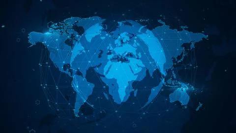 Digital World Map with Network Connections and Blue Technological Background Stock-Illustration