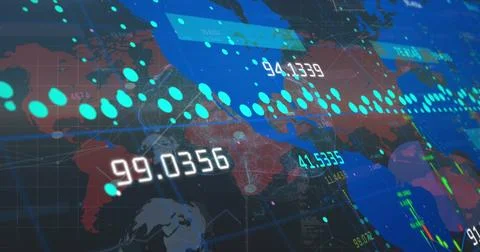 Digital world map with numerical data overlays and bright dots and lines Stockfoto's