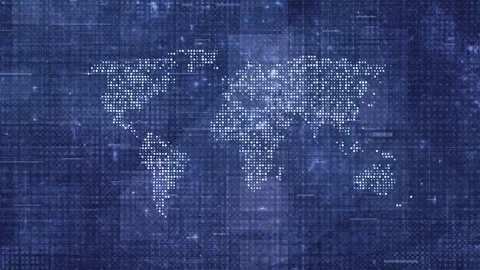 Digital world map over an abstract technological glitch background, global Stock Footage 348792886