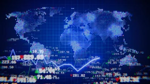 Digital world map over grid with global market analytics Ilustração Stock