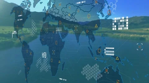 Digital world map overlay covering river landscape, showing hex grid and data Stock Footage 329690863