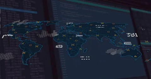 Digital world map overlay expanding, data icons appearing and hex grids pulsing Stock Footage 310317628