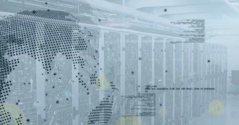 Digital world map overlaying data servers in modern finance technology center Stock Photos
