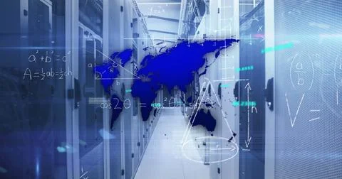 Digital world map overlaying data center servers with mathematical equations Stock Photos