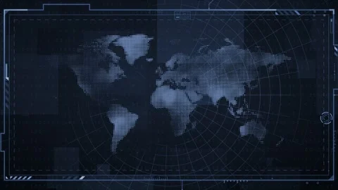 Digital world map with a radar interface grid and binary data streams pulsing Stockbeeldmateriaal 347884588