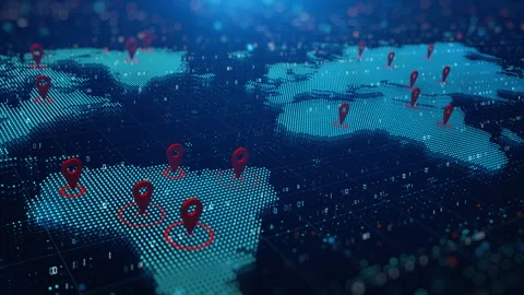 Digital world map with red location pins marking various points across Stock Footage 286071169