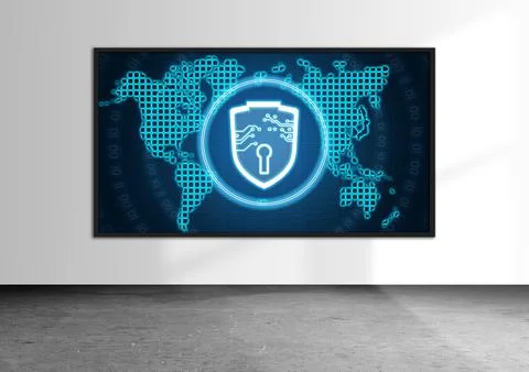 Digital world map, shield and lock interface on screen. Foto stock