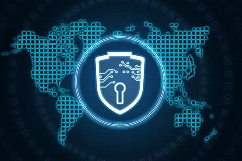 Digital world map, shield and lock interface on virtual screen. Foto stock