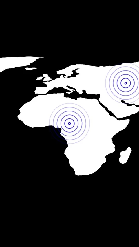 A digital world map showing Africa and Europe with concentric circle indica.. Stock Footage 337459829