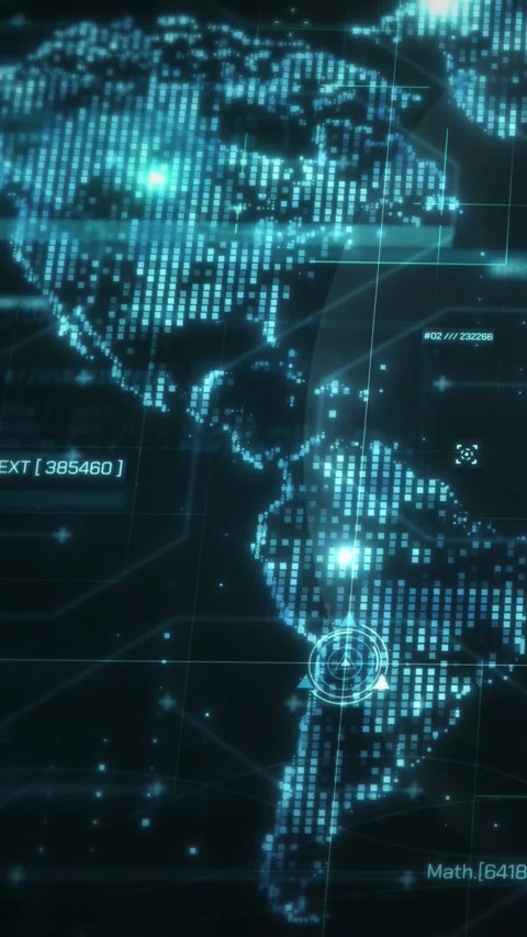Digital world map showing north and south america with glowing lines and data Video stock 294699083