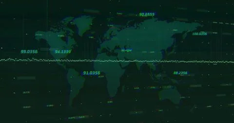 Digital world map silhouette showing metrics in virtual dashboard, with glowing Illustrazione stock