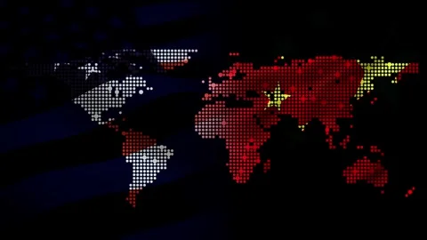 Digital World Map, USA and China Flags Symbolizing Global Trade War Tension Stock Footage 320379329